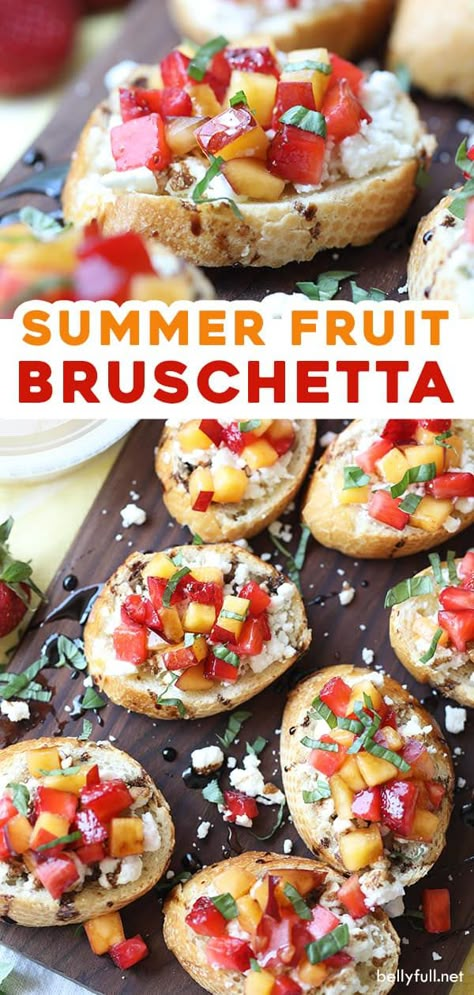 Summer Fruit Bruschetta is an easy, simple, and beautiful appetizer. Fresh summer fruit and goat cheese on toasted bread, with a drizzle of honey and balsamic glaze is a flavor bomb and the perfect little bite for any brunch or afternoon snack. Peach And Cherry Bruschetta, Stone Fruit Bruschetta, Peach Bruschetta With Goat Cheese, Fruit Bruschetta Recipe, Bruschetta Ideas, Fruit Bruschetta, Peach Bruschetta, Fancy Snacks, Strawberry Bruschetta