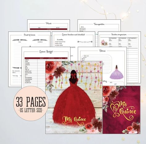 Quinceañera Printable planner in PDF in burgundy red color. - with timeline duties, budget, court of honor, music, vendor comparison, budget, guest list. Appointment Planner, Weekly Agenda, Contact List, Planning Checklist, Quinceanera Invitations, Quince, Seating Charts, Daughter Love, Quinceanera