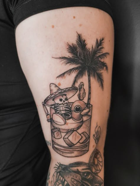 Locals Only Tattoo, Flash Leg Tattoo, Daiquiri Tattoo, Black And Gray Neo Traditional Tattoo, Skull With Sombrero Tattoo, Coconut Drink Tattoo, Neo Traditional Tattoo Design Black And Grey, Skeleton Beach Tattoo, Mens Realism Tattoo