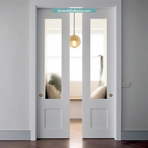 17 Unique Glass Pocket Door Ideas for a Bit of Whimsy - Amanda Katherine French Door Pocket Door, Bathroom Door Pocket, Big Pocket Doors, Double Glass Pocket Doors, Sliding Pocket Doors Living Rooms, Dining Room Pocket Doors, Double Pocket Doors Office, Luxury Pocket Doors, Pocket Glass Door