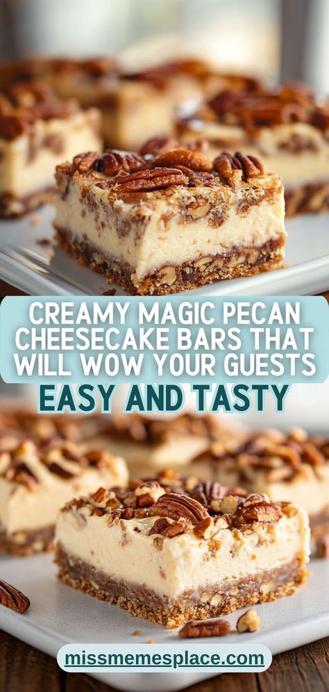 Impress your friends and family with these decadent Magic Pecan Cheesecake Bars. With their rich and creamy filling complemented by a crunchy pecan topping, these bars are a showstopper for any dessert table. Perfectly balanced in flavors, they are easy to prepare and can be made ahead of time for your next gathering. Enjoy this delightful treat with a cup of coffee or serve it as the grand finale to a dinner party. Trust us, your guests will be begging for the recipe! Magic Cheesecake Bars, Ree Drummond Dessert Recipes, Desserts For A Dinner Party Friends, Over The Top Desserts, Dessert Potluck Ideas, Dessert For Christmas Dinner, Pot Luck Desserts, Dessert Bars Recipes, Pecan Cheesecake Squares