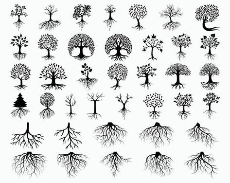 Etsy :: Your place to buy and sell all things handmade Family Tree Clipart, Tree Roots Tattoo, Family Tree Svg, Tree Drawing Simple, Tree With Roots, Roots Tattoo, Hand Drawn Leaves, Family Tree Template, Tree Of Life Tattoo