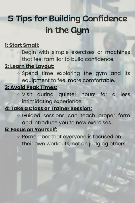 Graphic offering five tips for building gym confidence: starting small, learning the layout, avoiding peak times, taking a class or trainer session, and focusing on yourself. The text is set against a fitness-themed background with gym equipment for a supportive and motivational feel. Gym Tips For Beginners Men, Gym Tips For Beginners For Women, Gym Beginner, Workout Form, How To Build Strength, New To The Gym, Gym Tips For Beginners, Basic Exercise, Gym Etiquette