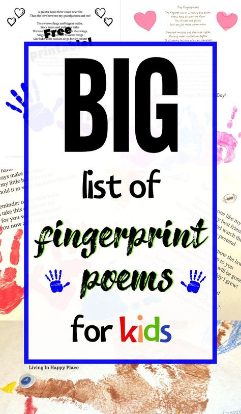 Big list of printable fingerprint poems for kids! Check out this big list of free, printable fingerprint poems for preschool, toddlers, pre-k, tot school, daycare or homeschool. Useful resources for teachers too! Mother's Day, Grandparents' Day, Father's Day, Valentine's Day and more in this growing master list of fingerprint poems! #fingerprintpoem #fingerprint #handprints #mothersday #kids #preschool #giftsfromkids #fordad #grandparents #craft #kidsctivity #poem #art #sensory #... Preschool Poems For Parents, Fingerprint Poem For Mothers Day, Fingerprint Poem, Thumbprint Poem, Handprint Poems For Parents, Fingerprint Quotes, Fingerprint Thank You, Father’s Day Fingerprint Art, Poems About Grandparents