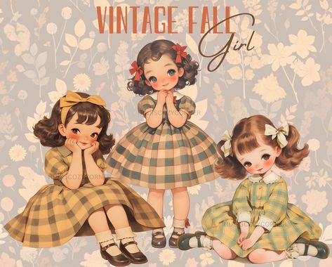 Cute Printables, Fall Girl, Watercolor Girl, Cute Watercolor, Fall Png, Girl Clipart, Vintage Spring, Vintage Fall, Autumn Dress