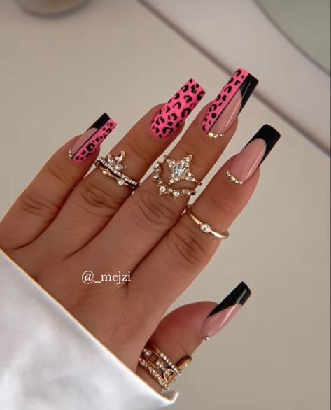 Coffin Summer Nails Designs 2023, Xl Gel Nails, Original Nails Designs, Black And Pink Nails Ideas, Pink Leopard Nails, Nail Nail Designs, Nagel Stamping, Leopard Print Nails, Fancy Nails Designs