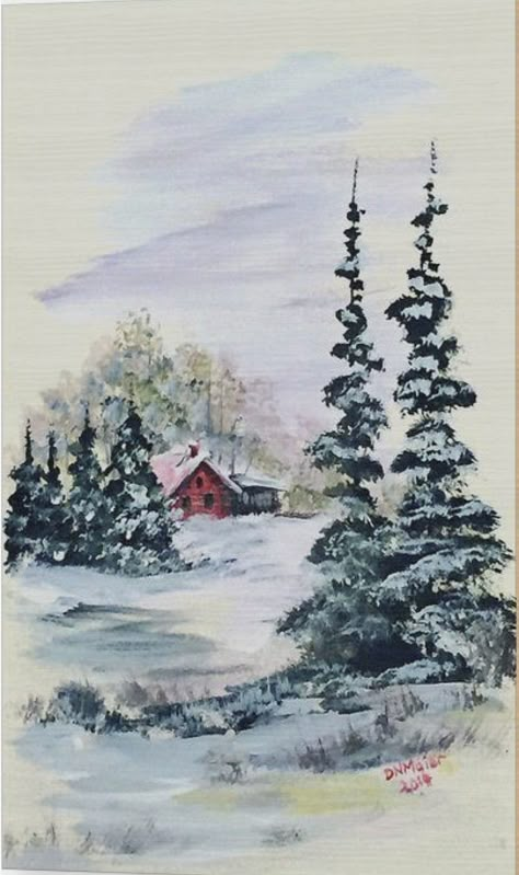 Winter Scenes To Paint, Winter Landscape Painting, Christmas Paintings On Canvas, Barn Painting, Winter Watercolor, Snowy Landscape, Christmas Card Art, Watercolor Christmas Cards, Winter Painting