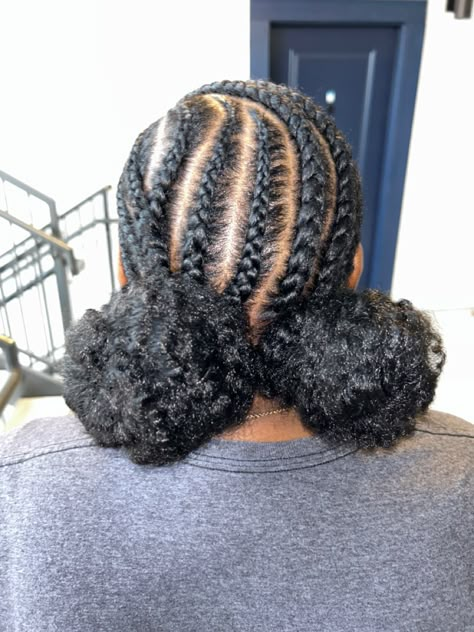 Easy Cornrow Hairstyles For Natural Hair, Braided Puff Natural Hair, Puff Balls Hairstyle Natural Hair, Puff Ball Hairstyle Natural Hair, 2 Puffs Natural Hair Hairstyles, Natural Puff Hairstyles, Edges Tut, Cornrow Hairstyles For School, Natural Cornrow Hairstyles