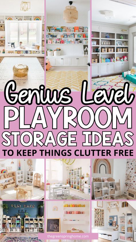 You’re going to love these 25 pretty playroom storage ideas that will keep your space clutter-free. Playroom Bin Storage, Creative Playroom Storage, Playhouse Storage Ideas, Grandchildren Playroom Ideas, Kid Playroom Storage, Playroom Cabinet Organization, Turning Garage Into Playroom, Toy Storage For Closet, Playroom Craft Storage