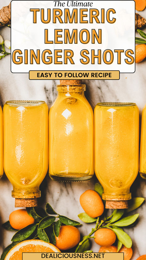 The Ultimate Immunity Booster: Balancing the earthy warmth of turmeric and ginger with the citrusy brightness of lemon and orange, this shot is a testament to the beauty of natural fresh ingredients. Let the Turmeric Ginger Shot redefine your mornings. Tumeric And Ginger Drinks, Ginger Lemon Juice Recipe, Lemon And Tumeric Drink, Ginger Tumeric Cayenne Shot Benefits, Ginger Tumeric Shots Without Juicer, Ginger Lemon Turmeric Shot Recipe, Magnesium Turmeric Ginger Lemonade, Recipes Using Fresh Ginger, Tumeric Ginger Lemon Shots Benefits