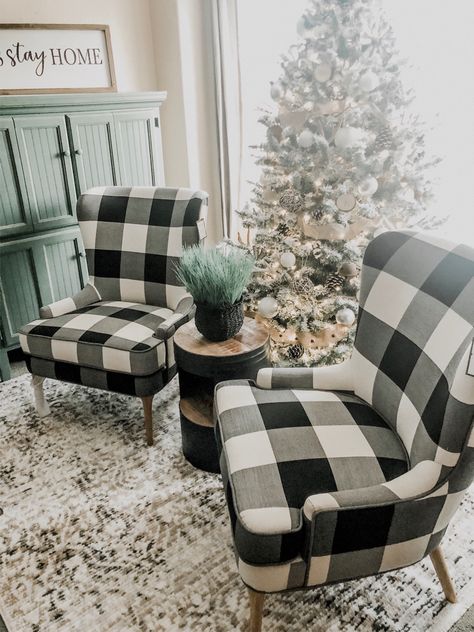 Buffalo Plaid Chairs Living Room, Buffalo Check Chairs Living Room, Plaid Chairs Living Room Farmhouse, Buffalo Plaid Living Room, Buffalo Check Chair, Flex Room Ideas, Plaid Living Room, Plaid Chair, Barrel Table