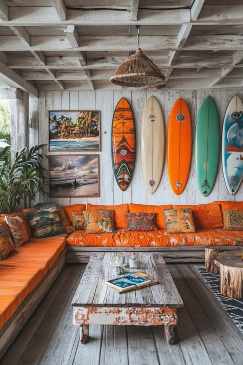 29 Beach Lounge Room Ideas: From Sandy Tones to Ocean Blues 15 French Polynesia Interior Design, Surfer Living Room Ideas, Beach Themed Airbnb, Ocean Theme Interior Design, Beach Shack Aesthetic Interior, Surfing Decor Ideas, Coastal Room Design, Retro Coastal Interior, Caribbean Decor Ideas