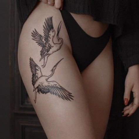 Dancing Crane Tattoo, Symmetrical Thigh Tattoos, Crane Back Tattoo, Cranes Tattoo, Heron Tattoo, Tattooed Lady, Backpiece Tattoo, Crane Tattoo, 16 Tattoo