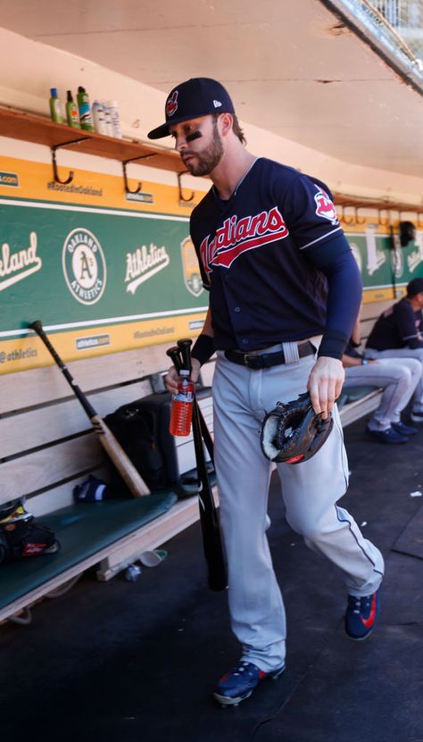 OAKLAND, CA - JUNE 30: Tyler Naquin #30 of the Cleveland Indians stands in the dugout prior to the game against the Oakland Athletics at the Oakland Alameda Coliseum on June 30, 2018 in Oakland, California. The Athletics defeated the Indians 7-2. (Photo by Michael Zagaris/Oakland Athletics/Getty Images) Tyler Naquin, Baseball Dugout, Cleveland Indians Baseball, Cleveland Rocks, Indians Baseball, Baseball Guys, Buster Posey, Baseball Uniforms, Oakland California