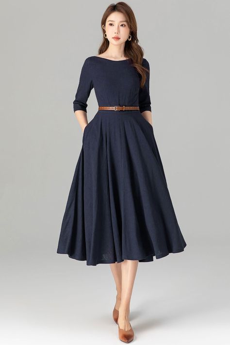 Winter Dresses Casual Modest, Modest Dresses Casual Trendy, Simple Modest Dresses Casual, Casual Navy Blue Dress, Fit And Flare Dress Casual, Modest Casual Dresses, Classy Modest Dresses, Modest Feminine Outfits, Classic Style Women Timeless