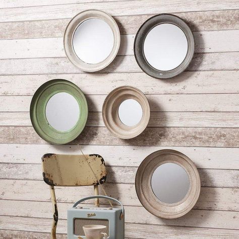 A collection of round, metal framed mirrors with a reclaimed, up-cycled painted finish. Material: Glass, Metal Colour: Multicoloured Hanging Orientation: Portrait Glass Type: Plain Fixing Type: Sawtooth Type - Mirror: Scatter Set Style - Mirror: Accent Shape - Mirror: Round Porthole Mirrors, Porthole Mirror, Wall Mirrors Set, Metal Frame Mirror, Full Length Mirror Wall, Flat Ideas, Circular Mirror, Crafts Kids, Mirror Painting