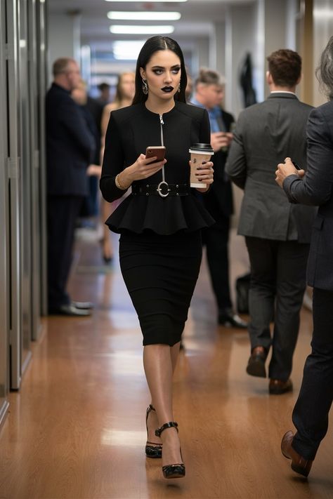 Witchy Corporate Outfits, Elegant Goth Aesthetic, Corporate Edgy, Elegant Grunge Outfits, Office Goth Outfits, Professional Grunge Outfits, Elegant Outfit Black Women, Edgy Work Outfits Offices Corporate Goth, Gothic Office Outfit