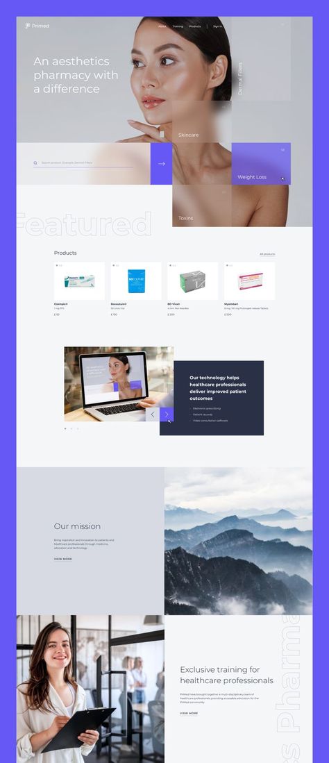 Home page ecommerce web design and wordpress woocommerce website design for pharmacy. Design has blurred aesthetic. Pharmacy Web Design, Beauty Clinic Website Design, Aesthetic Clinic Website Design, Pharmacy Website Design, Clinic Website Design, Medical Websites, Medical Website, Medical Website Design, Powerpoint Slide Designs