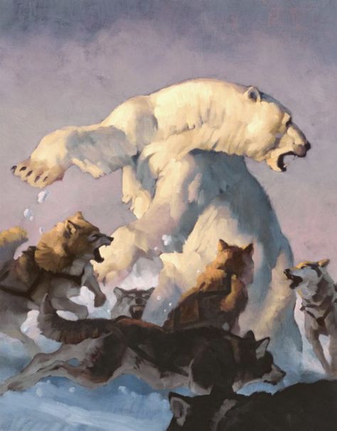 "Polar Bear Attack" from "Nanuk" ~ Click through the large version for a full-screen view (on a black background in Firefox), set your computer for full-screen. ~ by Greg Manchess  ~ Mik's Pics "Artsy Fartsy l" board Dessin Game Of Thrones, 동화 삽화, Arte Peculiar, Bel Art, Art Et Illustration, Bear Art, Polar Bears, Arte Animal, Arte Fantasy