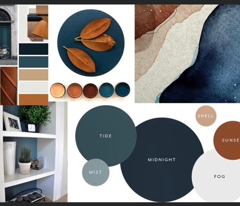 Navy Room Palette, Mountain Air Color Scheme, Navy Blue Kitchen Living Room, Unique Home Color Schemes, Blue Room Black Furniture, Rust Indigo Blush Living Room, Blue Interior Colour Palette, Navy Home Aesthetic, Cognac Living Room Color Schemes