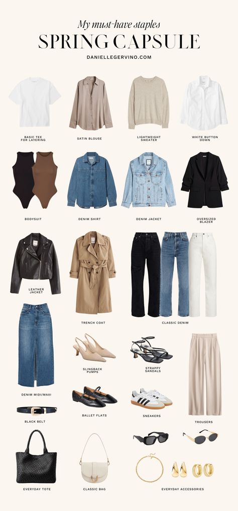 Spring Capsule Wardrobe for the 2024 Season How To Dress European Style, Staple Pieces For Wardrobe, Capsule Wardrobe 2024 Spring, Spring Capsule Wardrobe 2024, Dressing Capsule, Travel Capsule Wardrobe Spring, Capsules Wardrobe, Capsule Packing, Eurotrip Outfits