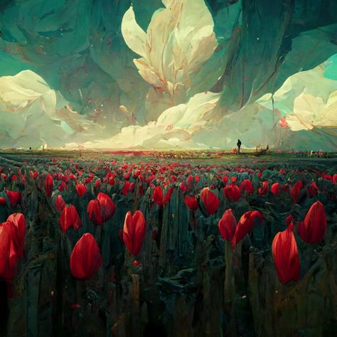 Tulips Digital Art, Video Game Concept Art, Video Game Concept, Field Of Tulips, Garden Concept, Fantasy Fields, Tulips Art, Different Types Of Flowers, Concept Ideas