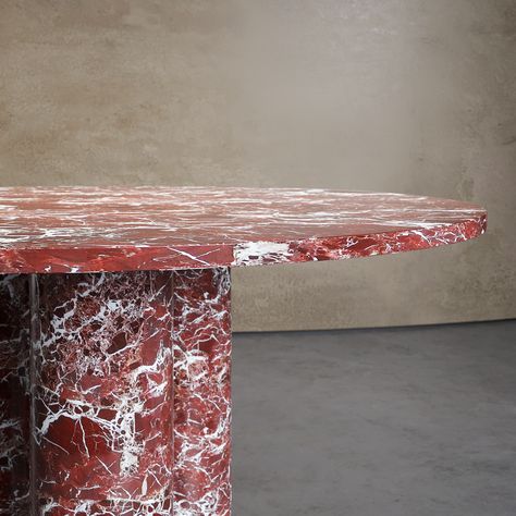 travertine dining table, three cylindrical solid legs Red Marble Table, Square Marble Table, Red Travertine, Travertine Dining Table, Apartment Vibes, Travertine Marble, Marble Dining Table, Stone Dining Table, Kitchen Design Plans