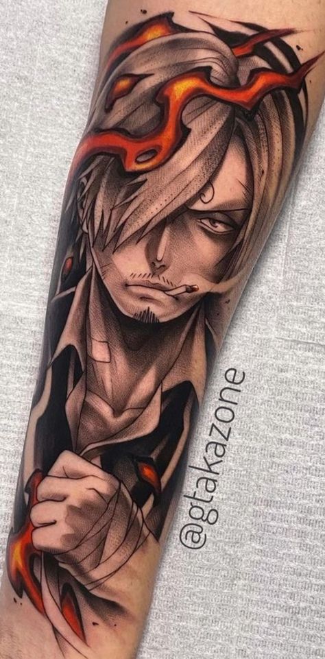 Sanji One Piece Tattoo Design, One Piece Sanji Tattoo, Sanji Tattoo Ideas, Sanji Tattoo Design, Colour Tattoo Men, Zoro Tattoo Design, Sanji Tattoo, Zoro One Piece Tattoo, One Piece Tattoo Design