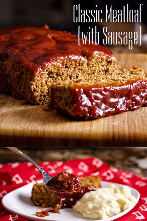 Flavorful, tender, American-Style meatloaf made with ground beef AND sausage. #meatloaf #comfortfood #dinnerrecipe #oldfashioned #best #easy | alittleandalot.com Meatloaf With Sausage, Italian Sausage Meatloaf, Sausage Meatloaf, Ground Beef And Sausage, Beef Meatloaf, How To Cook Meatloaf, Classic Meatloaf Recipe, Good Meatloaf Recipe, Classic Meatloaf