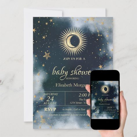 Celestial Sun,Moon,Stars Night Sky Baby Shower  Invitation | Zazzle Sky Baby Shower, Moon Baby Shower Theme, Blue Bridal Shower Invitations, Star Baby Shower Theme, Green Bridal Showers, Stars Night Sky, October Baby, Moon Baby Shower, Blue Bridal Shower