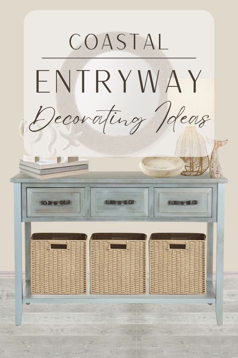 Check out these awesome coastal entryway decorating ideas! The beach decor is perfect for a beach house entryway. The neutral coastal entry table decor would match any aesthetic and goes especially well with this adorable blue entryway table! Coastal Beach House Entryway Ideas | Coastal Entryway Table Decor Coastal Wall Art Entryway, Modern Beach House Entryway, Coastal Entryway Table Decor, Coastal Foyer Ideas Entryway, Coastal Entryway Ideas Front Entry, Entryway Ideas Coastal, Coastal Foyer Entryway, Blue Entryway Table, Coastal Entryway Table