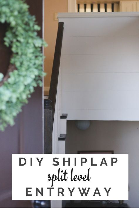 DIY shiplap in split level entryway Entryway Ideas Split Level Front Entry, Split Entryway Ideas, Split Foyer Entryway Ideas, Split Entry Remodel Entryway, Split Level Entryway Decor, Split Entry Ideas, Small Split Level Entryway Ideas, Split Foyer Decorating, Entryway Shiplap