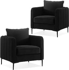 DecoraFlex Black Velvet Accent Chairs Set of 2, Modern Upholstered Accent Chair Comfy Velvet Armchair with Thick Cushion and Wood Frame, Single Sofa/Side Chair for Living Room Bedroom Office Black And White Armchair, Black And Gray Living Room Decor, Coat Closet Mudroom, Living Room With Accent Chairs, Black Home Interior Design, Velvet Accent Chairs, Closet Mudroom, Green Accent Chair, Black Accent Chair