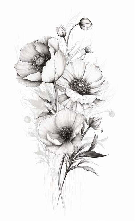 Poppy Flower Tattoo, Rose Flower Tattoos, Poppies Tattoo, Tattoo Zeichnungen, Floral Tattoo Sleeve, Red Ink Tattoos, Flower Art Drawing, Floral Tattoo Design, White Drawing