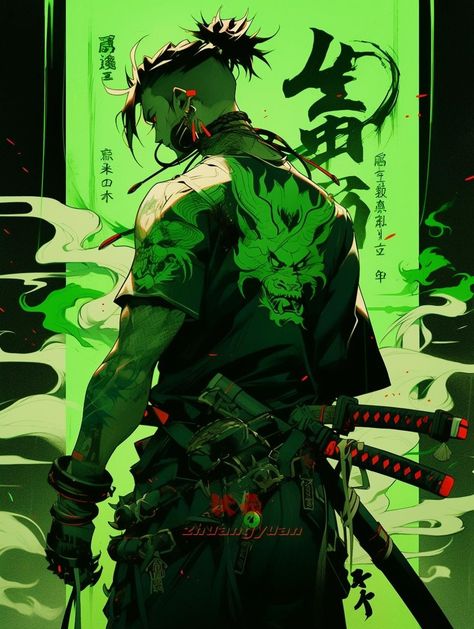 Cyberpunk Demon Slayer, Modern Samurai Concept, Cyberpunk Character Male, Green Samurai, Modern Samurai, Samurai Concept, Samurai Wallpaper, Samurai Anime, Scene Drawing