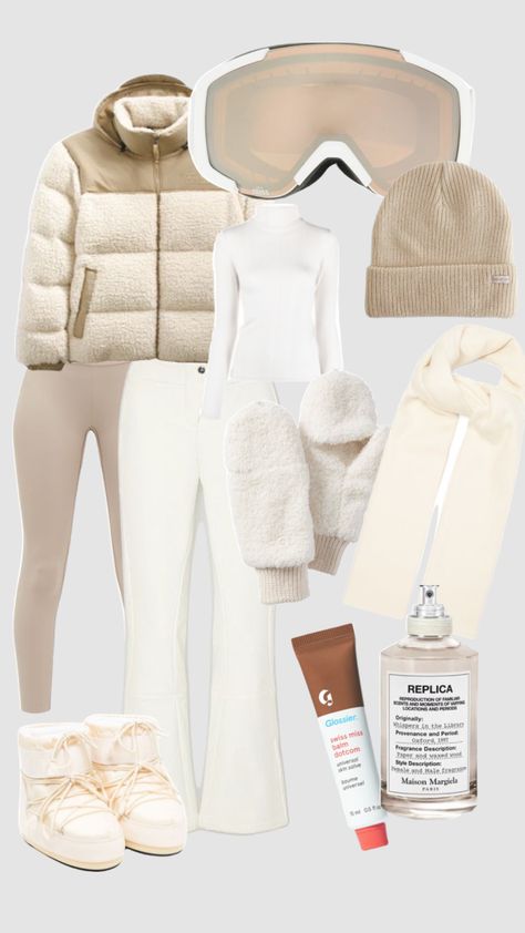 Tan Snowboarding Outfit, Skiing Fits Aesthetic, Winter Outfits Skiing, Ski Girl Aesthetic Outfits, Cute Ski Outfits Aesthetic, Ski Astetic Outfit, Cute Ski Clothes, Aesthetic Ski Outfit, Cream Ski Outfit