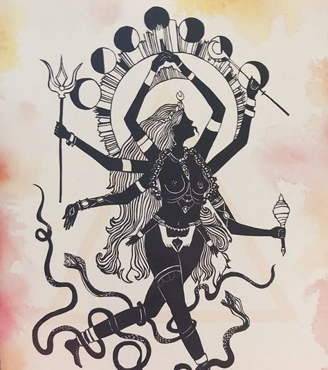 Kali Drawing Goddesses, Kali Maa Illustration, Kali Hindu Goddess Art, Ishtar Tattoo, Occult Art Tattoo, Kali Ma Art, Kali Goddess Art, Hinduism Tattoos, Goddess Kali Tattoo