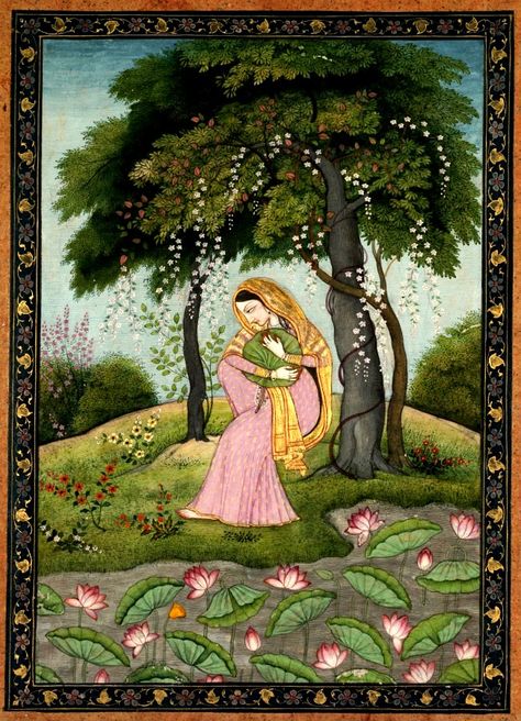 Virahini Nayika, Love-Torn Heroine, c. 1800. India, Pahari Hills, Kangra school, late 18th-early 19th Cent. Rajasthani Miniature Paintings, Mughal Miniature, Mughal Miniature Paintings, Rajasthani Painting, Female Wall Art, Indian Traditional Paintings, Composition Painting, Mughal Art Paintings, Rajasthani Art