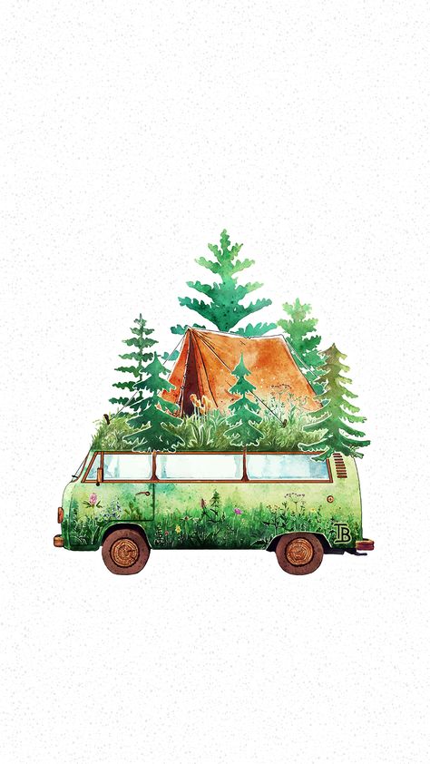 Van Life Painting, Wildflower Drawings, Small Wall Painting, Camper Wallpaper, Diy Sketch, Van Drawing, Camping Logo, Wildflower Drawing, Rainbow Drawing