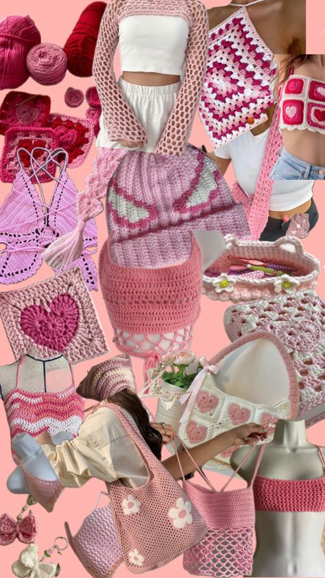 Pink Yarn Aesthetic, Pink Crochet Aesthetic, Crochet Pink Ideas, Y2k Crochet Ideas, Kawaii Crochet Clothes, Pink Crochet Sweater, Y2k Crochet, Ideas For Crochet, Crochet Stitches Guide