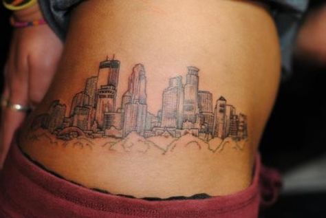 Minneapolis Skyline Tattoo. Weird placement, but I love the idea. <3 Minnesota Tattoo, Minneapolis Tattoo, Bridge Tattoo, Arm Tattoos Black, Headdress Tattoo, Skyline Tattoo, Gang Tattoos, Minneapolis Skyline, Inner Arm Tattoo