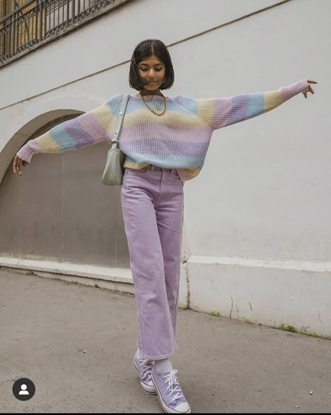 Pastel Jeans Outfit, Bright Pastel Outfits, Pastel Colors Aesthetic Outfit, Pink And Purple Outfit Aesthetic, Comfy Pastel Outfits, Pastel Soft Aesthetic Outfits, Pastel Danish Outfit, Pastel Color Outfit Ideas, Colorful Cozy Outfits