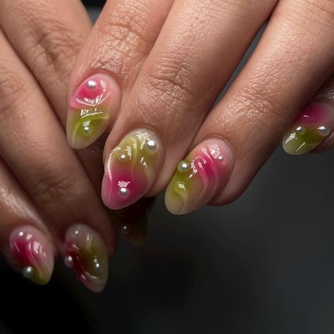 3D pink + green nails 💚💗 kind of reminds me of gummies 🍭 . . . . . . . . . #dallasnailtech #planonailtech #naturalnails #frisconailtech #naturalnailspecialist #3dnailart #3dnails #airbrushnailart #airbrushnails #softgelnails #summernails Nail Art Pink And Green, Green Purple Nails, Green Pink Nails, Pink Green Nails, Green And Pink Nails, Natural Nail Gel, Airbrush Nail Art, Soft Gel Nails, Airbrush Nails