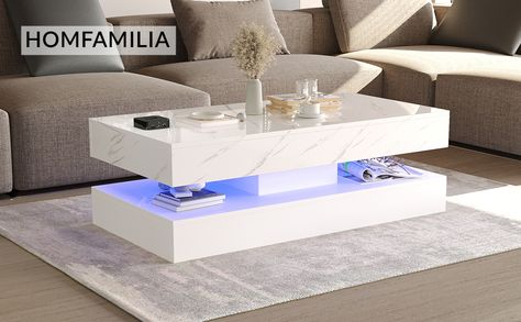 Amazon.com: HOMFAMILIA LED Coffee Table with 2 Storage Drawers, Modern High Gloss Black Coffee Table w/20 Colors LED Lights, 2 Tiers Rectangle Center Table for Living Room with Marbling Print, APP Control(White) : Home & Kitchen Led Coffee Table, White Coffee Table Modern, Tiered Display Shelves, Living Room Center, White Coffee Table, Wooden Living Room, Contemporary Living Room Furniture, Coffee Table With Drawers, Home Coffee Tables