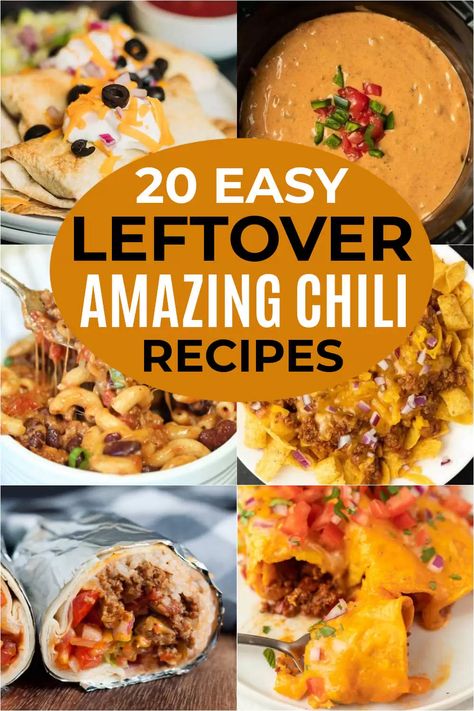 Try some of these easy leftover chili recipes to turn chili into another tasty dish. 23 recipes using leftover chili. You will love these easy recipes to make with leftover chili that are all delicious too! #eatingonadime #chili #leftovers #easyrecipes Leftover Hot Dog Chili Recipes, Recipes Using Can Chili, Chili Dishes Dinners, Ways To Use Chili Leftovers, Recipes That Use Chili, Different Ways To Eat Chili, Chilli Dishes Dinners, What To Do With Leftover Chili Recipes, Things To Do With Chili Leftovers