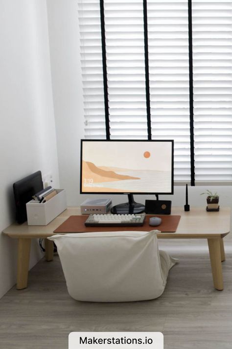 Minimal Desk Setup Floor Seating Office Space, Floor Sitting Desk, Sitting Desk, Floor Workspace, Muji Floor Chair, Floor Desk Workspaces, Floor Seating Home Office, Floor Office, Floor Desk Setup