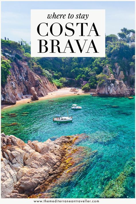 Quiet beach with text overlay 'Costa Brava - where to stay'. Costa Brava Spain Beach, Spain Beach Vacation, Costa Brava Road Trip, Spain Mediterranean Coast, Llafranc Spain, Spain Costa Brava, Spain Coast, Costa Brava Beach, Spain Beaches