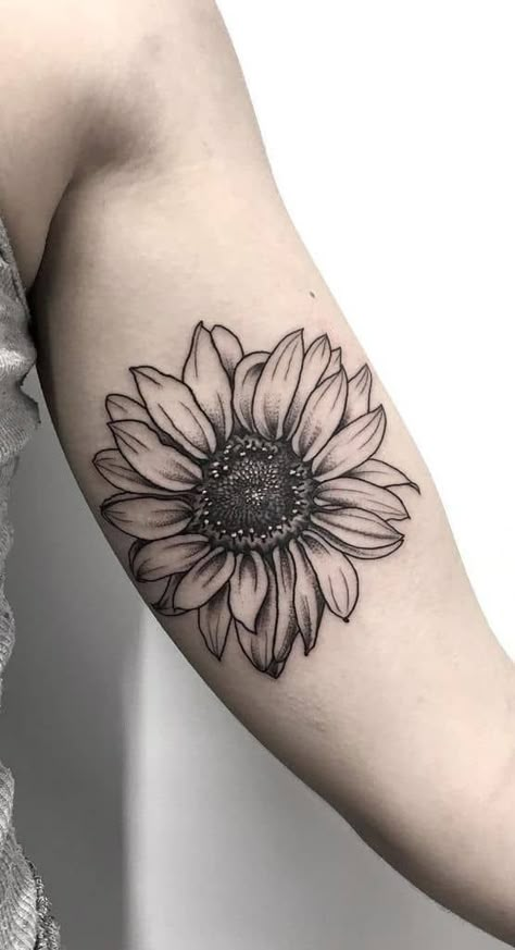 medium-sized black and grey tattoo on woman's forearm of realistic sunflower with white highlights Black And Grey Sunflower Tattoo, Sunflower Tattoo Thigh, Sunflower Tattoo Sleeve, Sunflower Tattoo Shoulder, Muster Tattoos, Inspiration Tattoos, Sunflower Tattoos, Full Sleeve Tattoos, Sunflower Tattoo Design