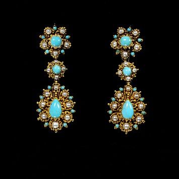 Earrings | V Search the Collections Historical Accessories, Art Nuevo, 1830s Fashion, 3 Earrings, Victorian Pendants, Earring Designs, Earrings Turquoise, Aquamarine Jewelry, Western Europe