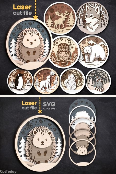 Winter Forest Animals SVG Bundle: Laser Cut File for Glowforge Round Signs! Glowforge Projects To Sell, Winter Forest Animals, Cat Penguin, Round Signs, Laser Cut Wood Crafts, Laser Engraved Gifts, Leather Engraving, Laser Engraved Ideas, Laser Art